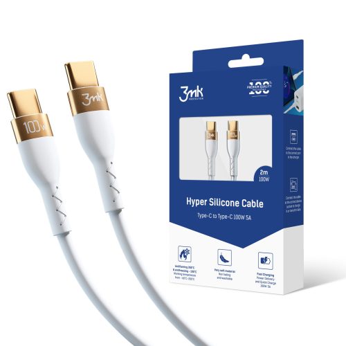 3MK Hyper Szilikon kábel USB-C-C 2m 100W fehér