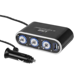   Szivargyújtó elosztó, hármas 12 / 24V kapcsolóval, USB aljzat 1000 mA, Carmotion