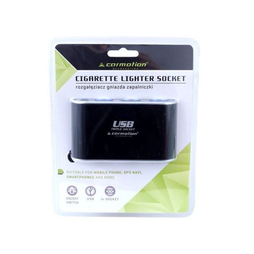 Szivargyújtó elosztó, hármas 12 / 24V kapcsolóval, USB aljzat 1000 mA, Carmotion
