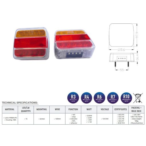Egyesített lámpa LED, rendszám világítással, 12 / 24 V