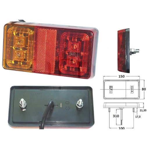 Egyesített lámpa LED, rendszám világítás nélkül,150x80 mm, 12/24 V