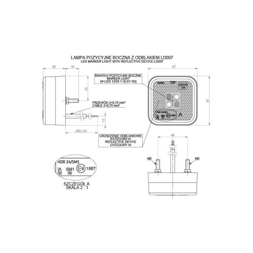 HORPOL LED marker light - HOR24 LD097 narancs square with reflector 12/24V ECE - WMLHOR097