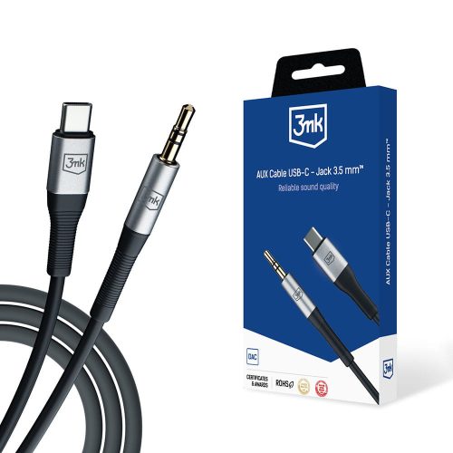 3MK AUX kábel USB-C - Jack 3,5 mm Fekete